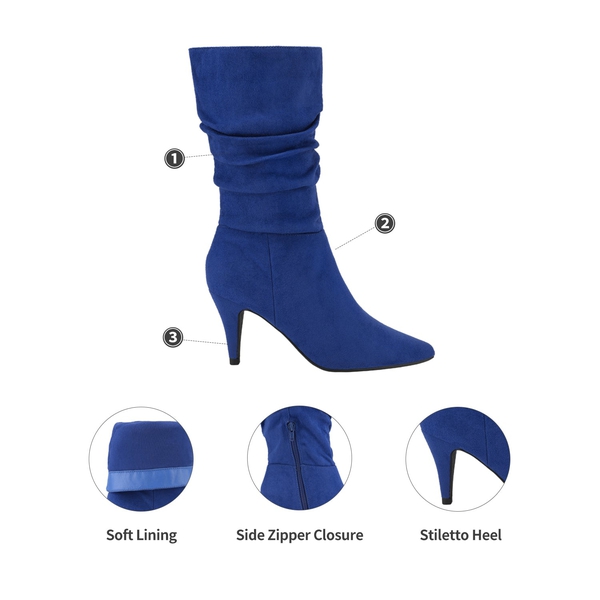 Mid-Calf Pointed Toe High Heel Boots - ROYAL BLUE SUEDE - 3